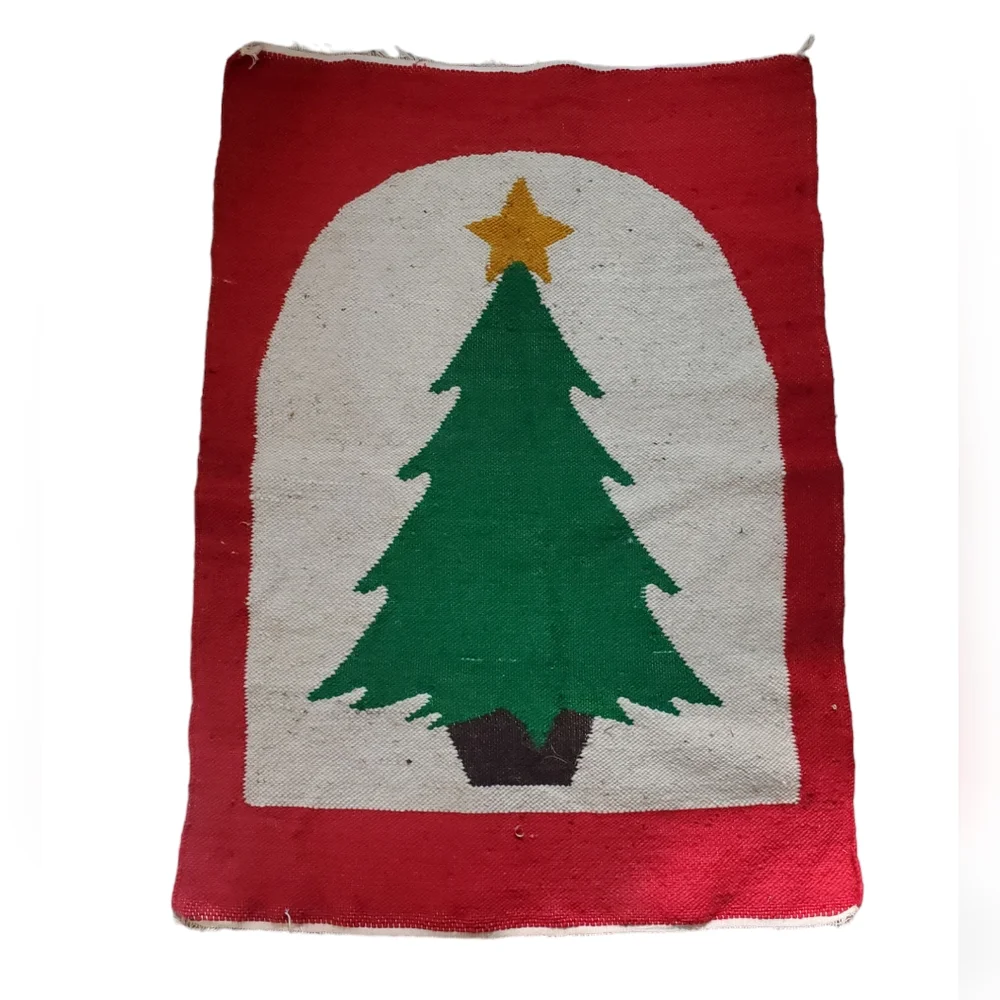 Vintage Fringe Christmas Tree Rug Wool Rectangular Simplistic Rugged Nice As Is